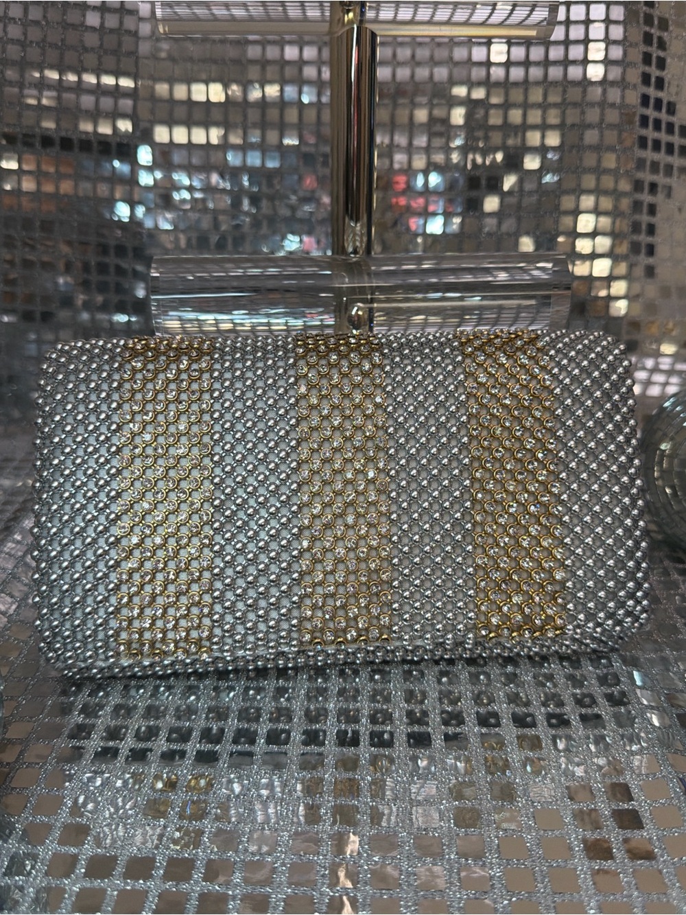 Crystal-Embellished Silver and Gold Evening Clutch